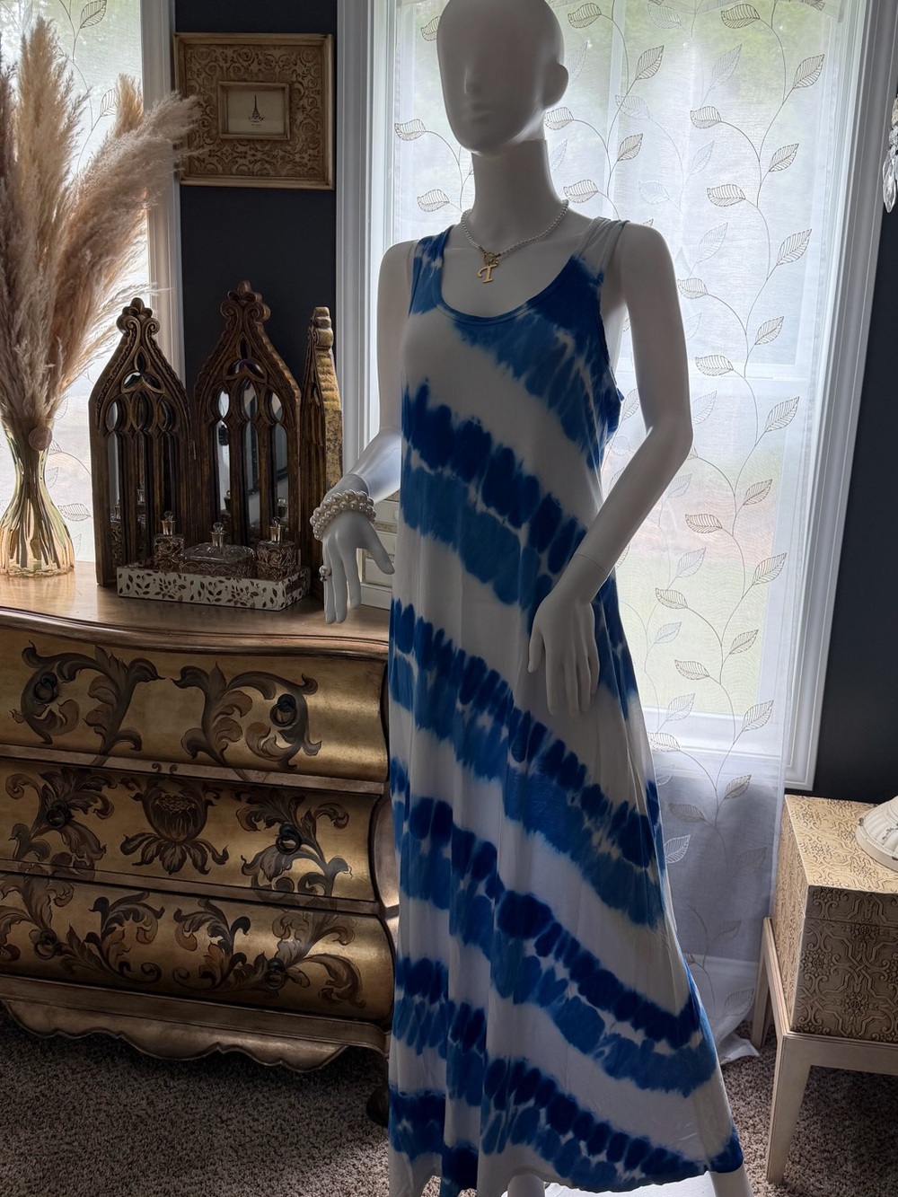 Calvin Klein - White & Blue Tie-Dye Maxi Dress